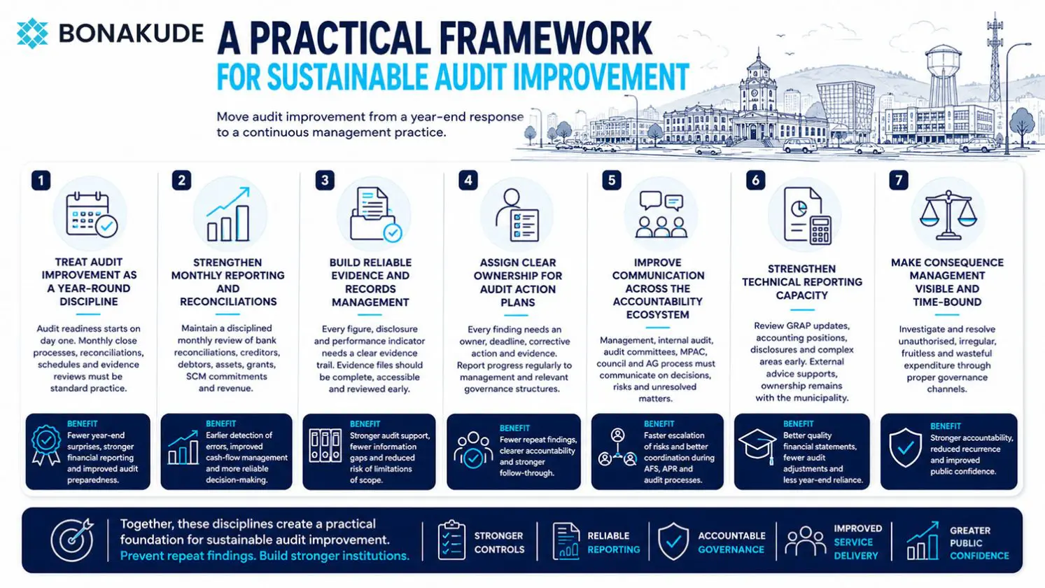 Bonakude’s seven-part framework for sustainable municipal audit improvement, covering year-round discipline, reconciliations, evidence management, accountability, communication, technical reporting and consequence management.