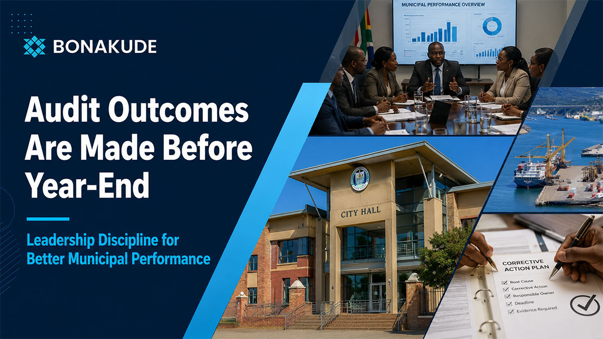 Bonakude feature graphic titled “Audit Outcomes Are Made Before Year-End: Leadership Discipline for Better Municipal Performance,” featuring municipal leaders meeting, a city hall, a harbour and a corrective action plan.
