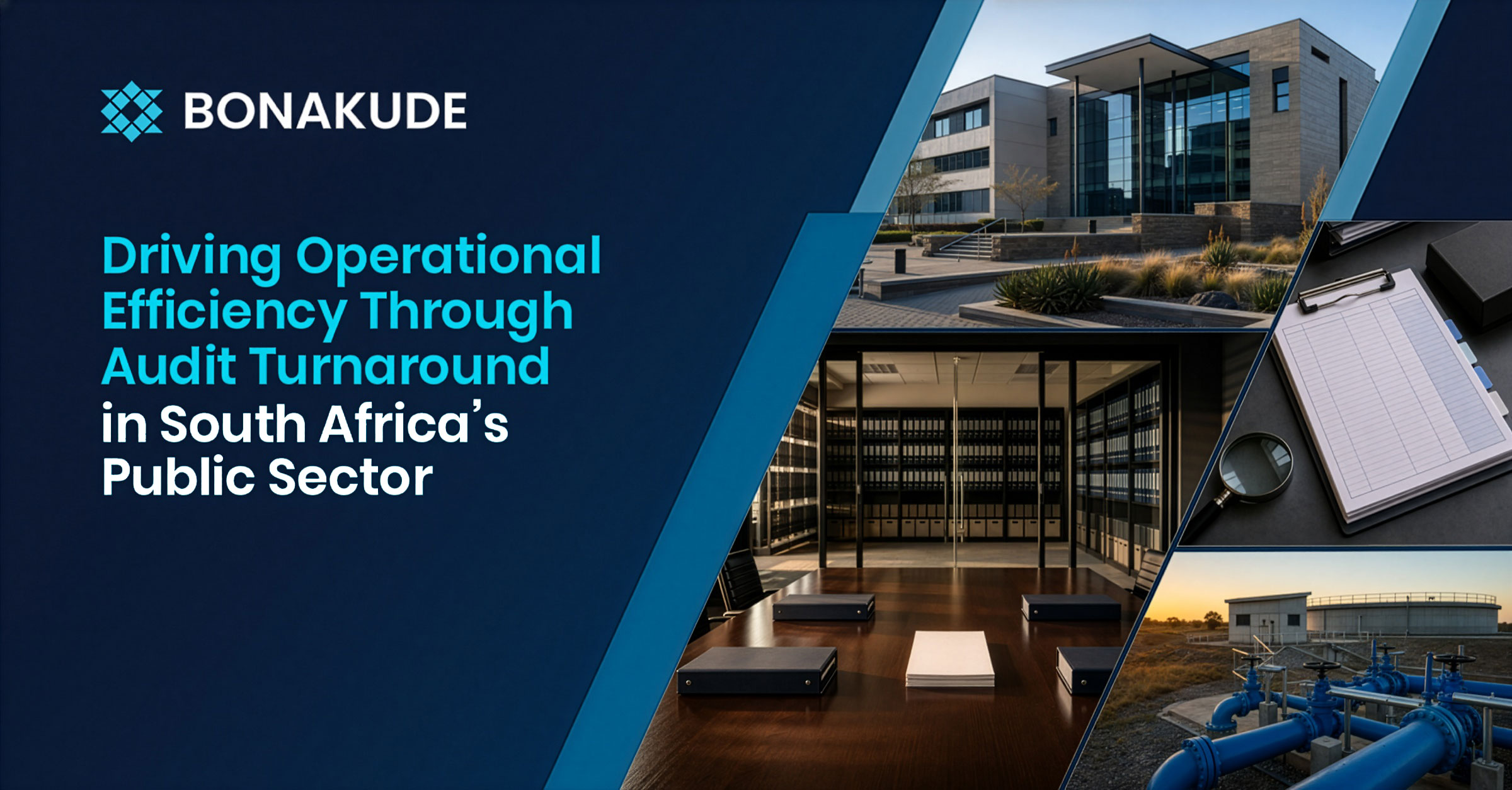 Bonakude Insights featured image for Driving Operational Efficiency Through Audit Turnaround in South Africa’s Public Sector, featuring public-sector facilities, records and audit imagery.